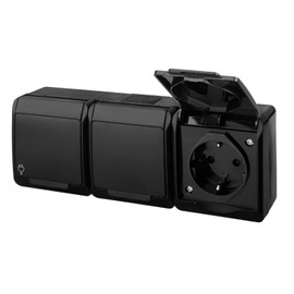 asvendo elektro Hermes Modern Surface-Mounted Series / Light Switch / Double Switch / Multiple Socket / IP44 Waterproof / Outdoor / Black (3-Way Socket)