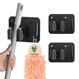 JAMEND CLXP 2-Pack Broom Holder with Heavy Duty Hooks, Upgraded Stainless Steel Mop Hanger. Wall Mount Utility Tool Rack for Kitchen Garden Laundry Garage. Matte Black.