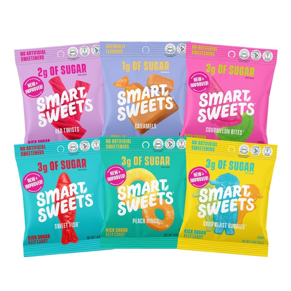 SmartSweets paquete surtido de 8 caramelos con bajos niveles de azúcar y bajas calorías sin alcoholes de azúcar, dulces peces, amargos amargos, ositos de goma frutales, ositos de goma agria