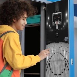 CEREJYPUZ 2 Pcs Locker Magnetic Wallpaper Basketball Court Black White Sports Hoop Stadium Lights 12" x 36" Wall Magnetic Sticker Removable Locker Accessories Decor Easy Install for Office School