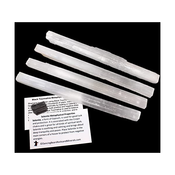 Selenite (4) Large Sticks, Approx. 6-8" Long Wands Plus Bonus Black Tourmaline Crystal and Educational ID Cards for Wholesale, Bulk, Reiki, Chakra, Healing, Good Luck, and Protection