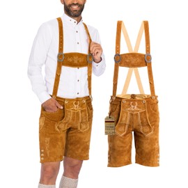 BAVARIA TRACHTEN Lederhosen Men - Genuine Leather German Lederhosen for Men - Leiderhausen for Men - Light Brown - Short