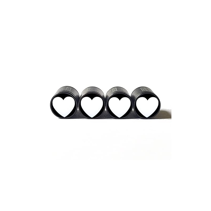 White Heart Tire Valve Caps - Black Aluminum - Set