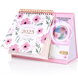 CAGIE Desk Calendar 2025 Standing Flip, Small Desk Calendar 2025 Stand up Desk Calendar from Jan 2025 - Dec 2025, Desktop Calendar 2025 with Sticky Notes and Roulette, 9.5"×7.2", Bloomy Flowers Pink