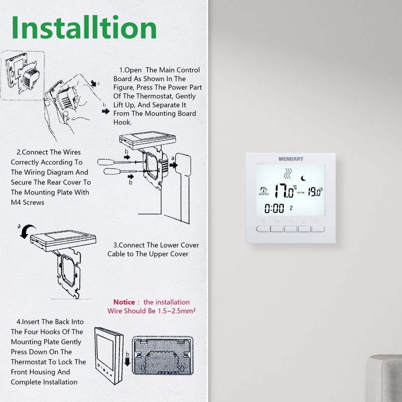 Wengart Heating Thermostat WG02B04,AC230V 3A Large Screen Sisplay,Key Operation,Weekly Programming,