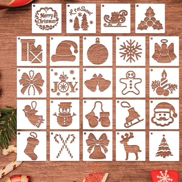 24 Pcs Christmas Stencils for Painting On Wood, Small Christmas