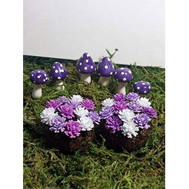 Fairy Garden Accessories. Set of 8. Purple Miniature Mushrooms and Flowers.