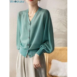 Wnodruke WN053 Women's Cardigan, UV Protection, Cool Contact, Solid, Thin, Puff Sleeve, Loose, Soft, Cooling Protection, Spring, Summer, Autumn,, green