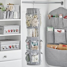 mDesign Hanging Storage for Gift Wrapping - Rotating Wrapping Paper Organiser with 13 Small Compartments and 1 Large Compartment for Paper Rolls - Hanging Organiser for Clothes Rail - Grey