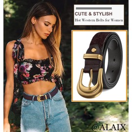 ALAIX Women's Belt Western Belts Silver Gold Buckle Black Leather Belt Pants Jeans Belts for Women
