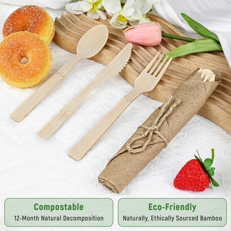 Pre Rolled Napkin and Bamboo Cutlery Set - 10Pack Bamboo