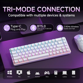 DIERYA DK68 Wireless Mechanical Keyboard, 60% Gaming Keyboard with Red Switch, Triple Mode 2.4GHz/USB-C/BT5.0, RGB Backlit, Anti-Ghosting Keys, 68 Keys Portable Mini Wired Office Keyboard-White