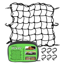 15"x15" Universal Truck Bed Net Black Latex Bungee Cargo Net Extends to 30"x30" with 6 Adjustable Hooks & Tight 2"x2" Mesh