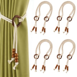 4-Pack Wooden Bead & Cotton Rope Curtain Tiebacks, Boho Curtain Clasp Holdbacks for Drapes, No-Hole Punching Decorative Window Treatment (Coffee Color)