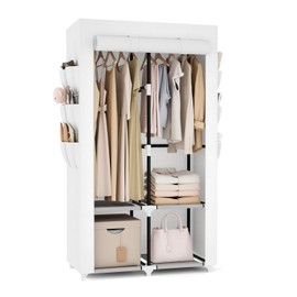 VTRIN Portable Closet Wardrobe Closet for Hanging Clothes with 4 Storage Shelves, 2 Hanging Rods and 6 Pockets, Stable and Easy Assembly Clothes Rack with Cover Free Standing Closet, White