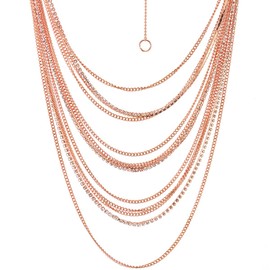 COOLSTEELANDBEYOND Rose Gold Waterfall Multi-Strand Chains Statement Collar Necklace with Rhinestones Chains, Dress