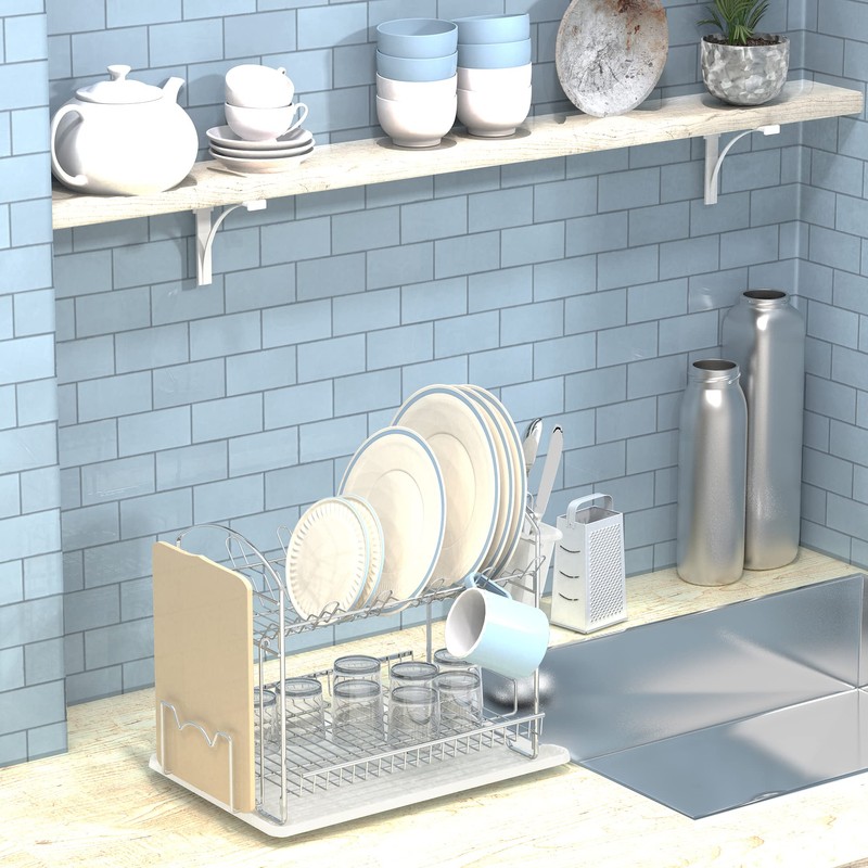 Simple Houseware 2-Tier Stainless Steel Dish Rack with Drainboard, Chrome