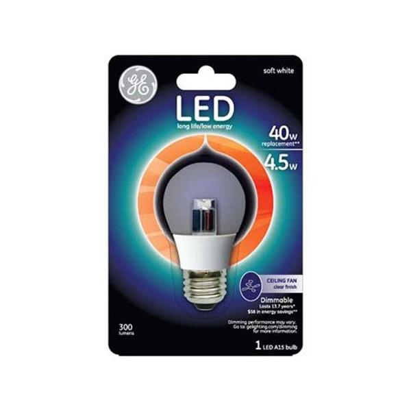 GE Lighting 89987 LED 4.5-watt 300-Lumen Dimmable A15 Ceiling Fan Bulb with Medium Base, Clear, 1-Pack