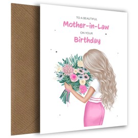Mother-in-Law Birthday Card - Beautiful Blonde Mother-in-Law with Flowers - Beautiful Card with Lovely Words for 40th, 45th, 50th, 60th, Milestone Bdays