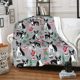 Throw Blanket Christmas Boston Terriers Dog, Lightweight Soft Warm Sherpa for Bed Chair Car Sofa Couch Bedroom Decor, All Season Fuzzy Throw 50"x40"