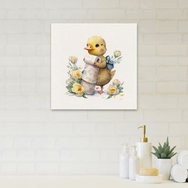 DesignQ Canvas Art Wall Decor Cute Chick with Toilet Paper and Flowers II Bathroom Wall Decor, Bathroom Decor, Bathroom Decor Wall Art, Wall Art - Made Of Wood & Cotton Material- Large Sizes