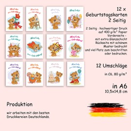 Geburtstagskarte Glückwunschkarten Set mit 12 Geburtstagskarten Postkarte 2 Seitig mit Umschlägen Bär Bärchen Luftballons Geschenk Happy Birthday für Kinder Mädchen Jungen