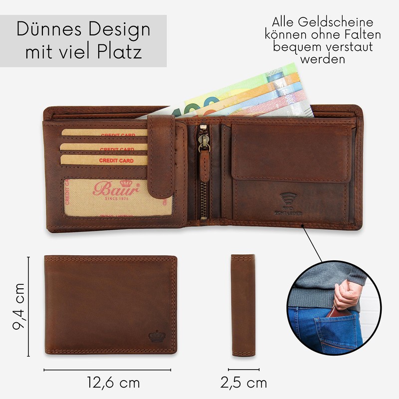 Baur Men's Genuine Leather Wallet with RFID Protection, Landscape Format,