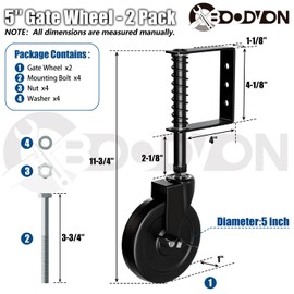 BOODVON 5" Heavy Duty Gate Caster with Side Brake, Spring Loaded Gate Wheels, Gate Caster Wheel with 360° Rotation for Wooden Gate Fence, Metal Tube Gate, 220 Lbs Capacity, Black, 2 Pack
