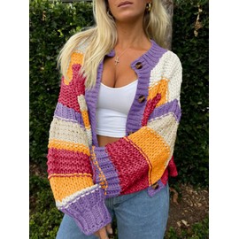 Saodimallsu Womens Striped Chunky Cardigan Sweaters Button Up Fall Trendy Color Block Long Sleeve Knit Sweater Coats Purple