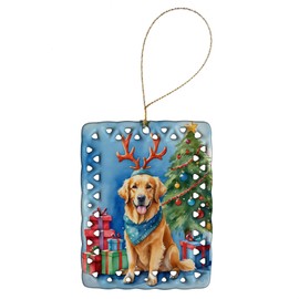 Caroline's Treasures Golden Retriever Christmas Reindeer Porcelain Ornament Christmas Tree Hanging Decorations for Home Christmas Holiday, Rectangle, Gift, Multicolor