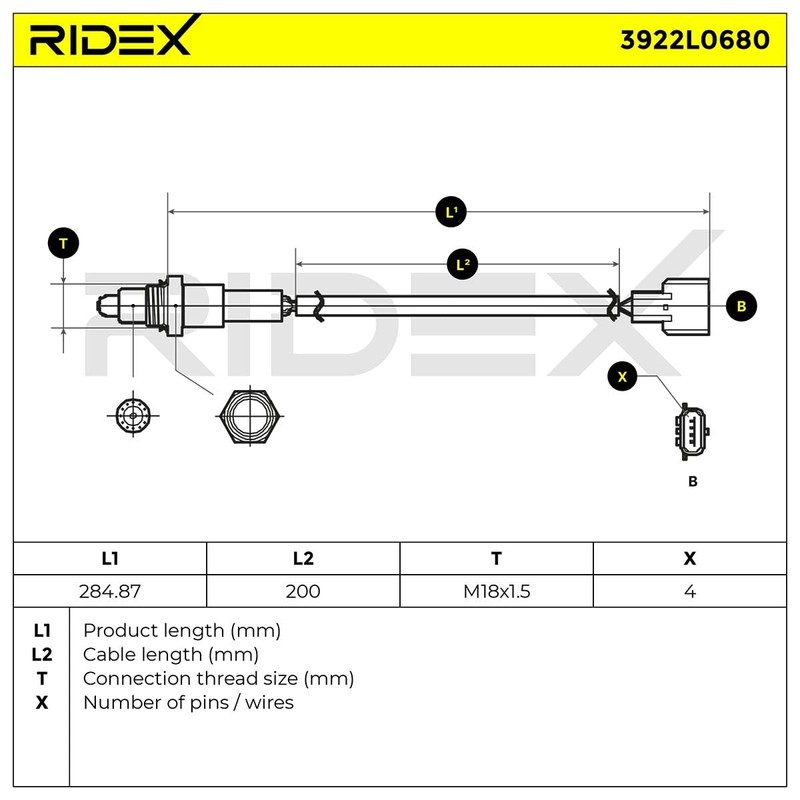 RIDEX 3922L0680 Oxygen O2 Sensor Heated 220 mm