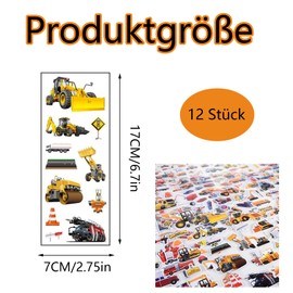 Car Digger Stickers, 12 Sheets 3D Vehicle Tractor Stickers Set, 3D Stickers for Children, Cute Waterproof Vehicles Stickers, DIY Decoration, Stickers for Girls Boys Teachers Crafts Scrapbooking