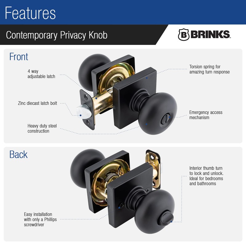 BRINKS – Contemporary Privacy Locking Interior Ball Door Knob, Matte