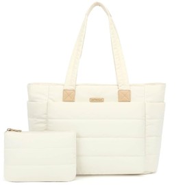Tote Bag for Women, Quilted Tote Bag with Zipper, Puffer Work Bag with Laptop Compartment, Lightweight Travel Shoulder Bag, Casual Handbag Nurse Bag (Beige)