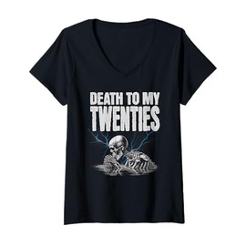 Womens Hello 30! Skeleton Death To My Twenties, 20s 30th Birthday V-Neck T-Shirt