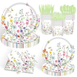 Wildflower Party Decorations Spring Floral Baby Shower Birthday Decorations Include Plates, Cups, Napkins, Cutlery for Wildflower Baby Shower Tea Decorations, Serve 24