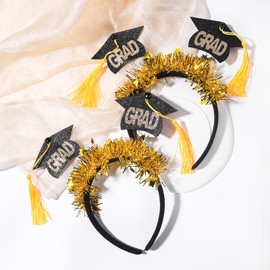 DIUEWOW 2PCS Graduation Cap Head Boppers Headband Graduation Grad Flashing Design Graduation Hat Hair Hoops with Yellow Tassel Headpiece Hair Bands College High School Graduation Supplies