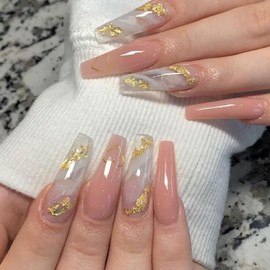 Pink Press on Nails Long Coffin Fake Nails Gold Heart False Nails Full Cover Acrylic Nails Glossy Artificial Nails Marble Design Luxury Press on Nails for Women and Girls Valentines Nail Decorations