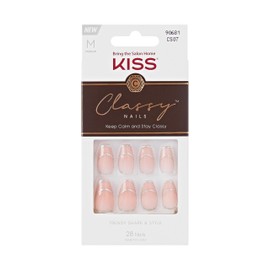KISS Classy Nails, Press-On Nails, Nail glue included, 'New Nail, New Me', Pink, Medium Size, Coffin Shape, Includes 28 Nails, 2g Glue, 1 Manicure Stick, 1 Mini file