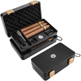 Travel Cigar Humidor Box - Portable Double Layer Cigar Case with Cigar Accessories Humidifier Kit &Cigar Cutter &Spanish Cedar &Cigar Stand, Waterproof, Crushproof Cigar Box Gifts for Men