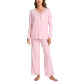 GYS Bamboo Viscose Women's Pajama Sets Long Sleeve Lace V-Neck Soft 2 Piece Sleep Set, Pink, XX-Large