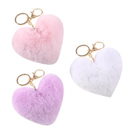 JIHUOO 3 Pcs Heart Pom Pom Keychains Faux Fur Pom Pom Key Chain Ring Cute Bag Charms Puff Ball Keychain Fluffy Backpack Charms for Girls Women Pink white purple