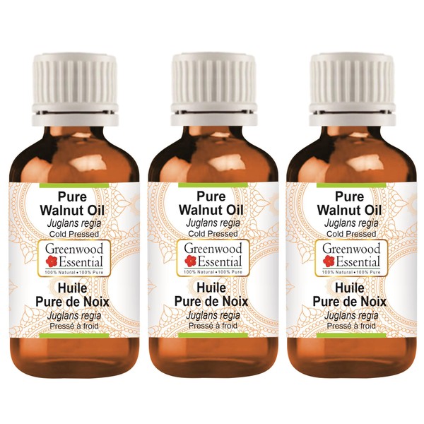Greenwood Essential Pure Walnut Oil (Juglans Reggia) Natural Therapeutic Quality Cold Pressed (Pack of Three) 100 ml x 3 (10 oz)
