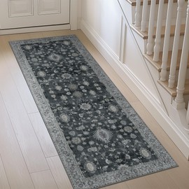 GENIMO Runner Rug for Hallways Machine Washable, 2x7 Non Slip Boho Vintage Lightweight Washable Runners, Thin Floor Rugs for Entryway Hallway Bathroom Laundry Room Corridor, Charcoal