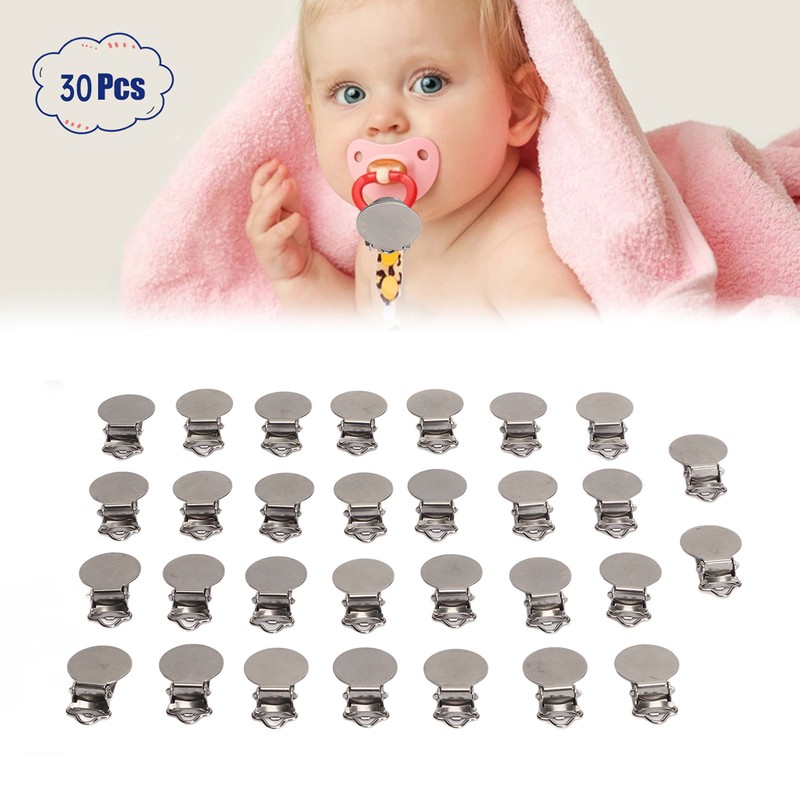 30pcs Metal Round Pacifier Clips for Toddler Rust Prevention Electroplated