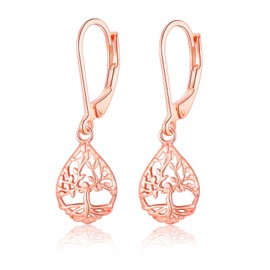 Rose Gold Tree of Life Drop Earrings for Women, Vintage Hollow Dangle Earrings, Hypoallergenic Teardrop Leverback Earring Jewellery Gifts for Mom Wife