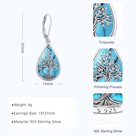 Eusense Tree of Life Earrings Water Drop Tree of Life Earrings with Drop Hooks Family Turquoise Jewellery Gift for Women Girls, Sterling Silver, Turquoise