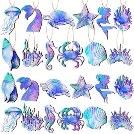 FairySandy 36 Pcs Mermaid Ornaments Mermaid Wood Hanging Ornaments Decorations Ocean Sea Animal Ornaments Mermaid Jellyfish Starfish Turtle Ornaments for Mermaid Party Birthday Decorations