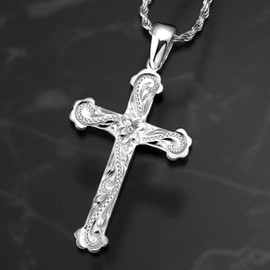 Leilani Hawaiian Jewelry Cross Plumeria & Scroll Engraved Pendant Necklace, Silver 925