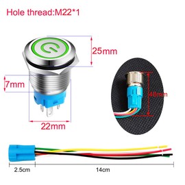 Gebildet 0.87''/22mm Stainless Steel Latching Push Button Switch 12V-24V 5A Power Symbol LED 1NO1NC SPDT ON Off Waterproof Toggle Switch with Wire Socket Plug (Green LED)